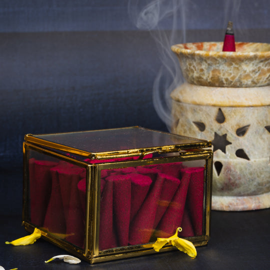 Square Glass Box with Gold Rim Dhoop Cones